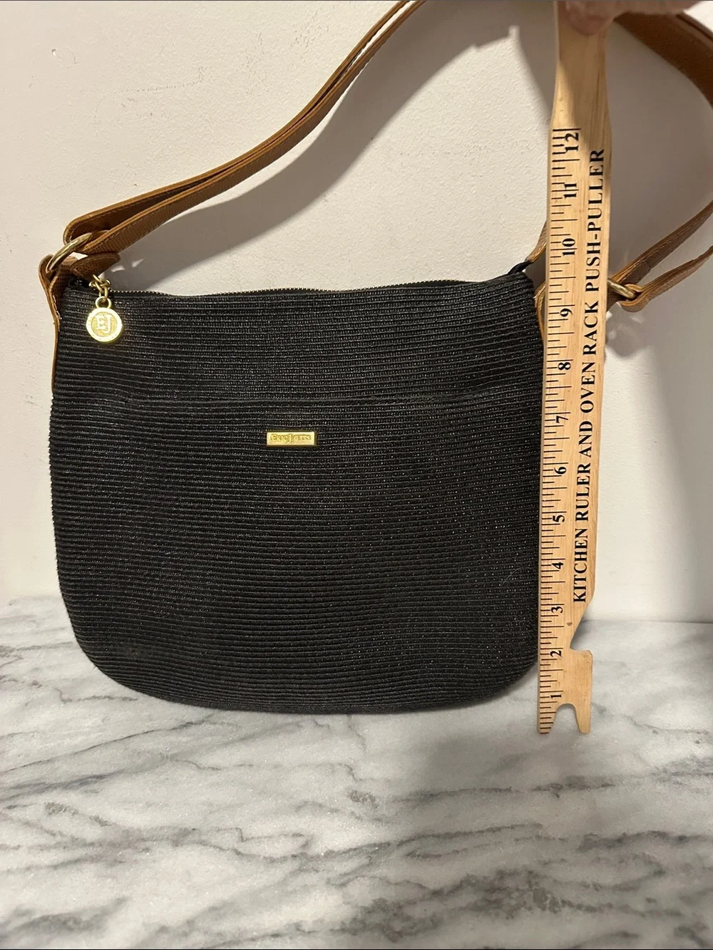Erick Javits Black Shoulder Bag with adjustable Tan Strap